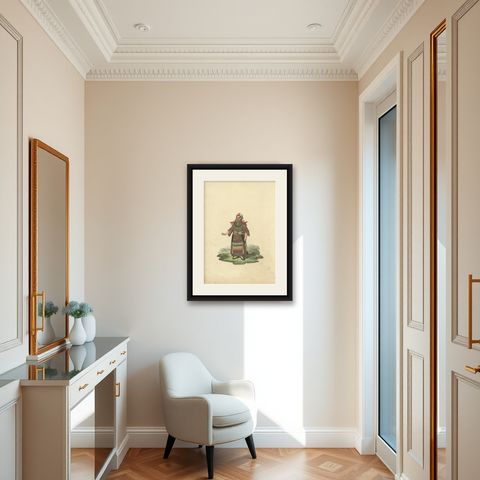 Antique Costume Print of a Woman from Finland, 1811, shown framed in a room