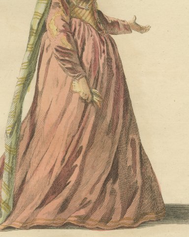 Young Lady of France in 1581 in a Rose Gown, Jefferys Costume Plate, 1757, close-up 2