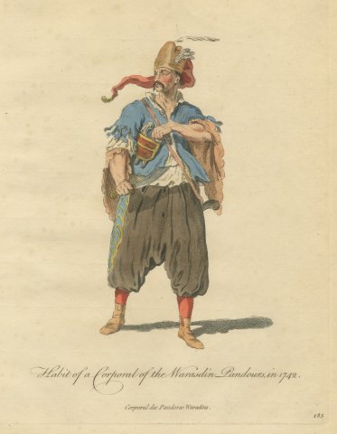 Corporal of the Warasdin Pandours in 1742, Hand Colored Jefferys Plate, 1757