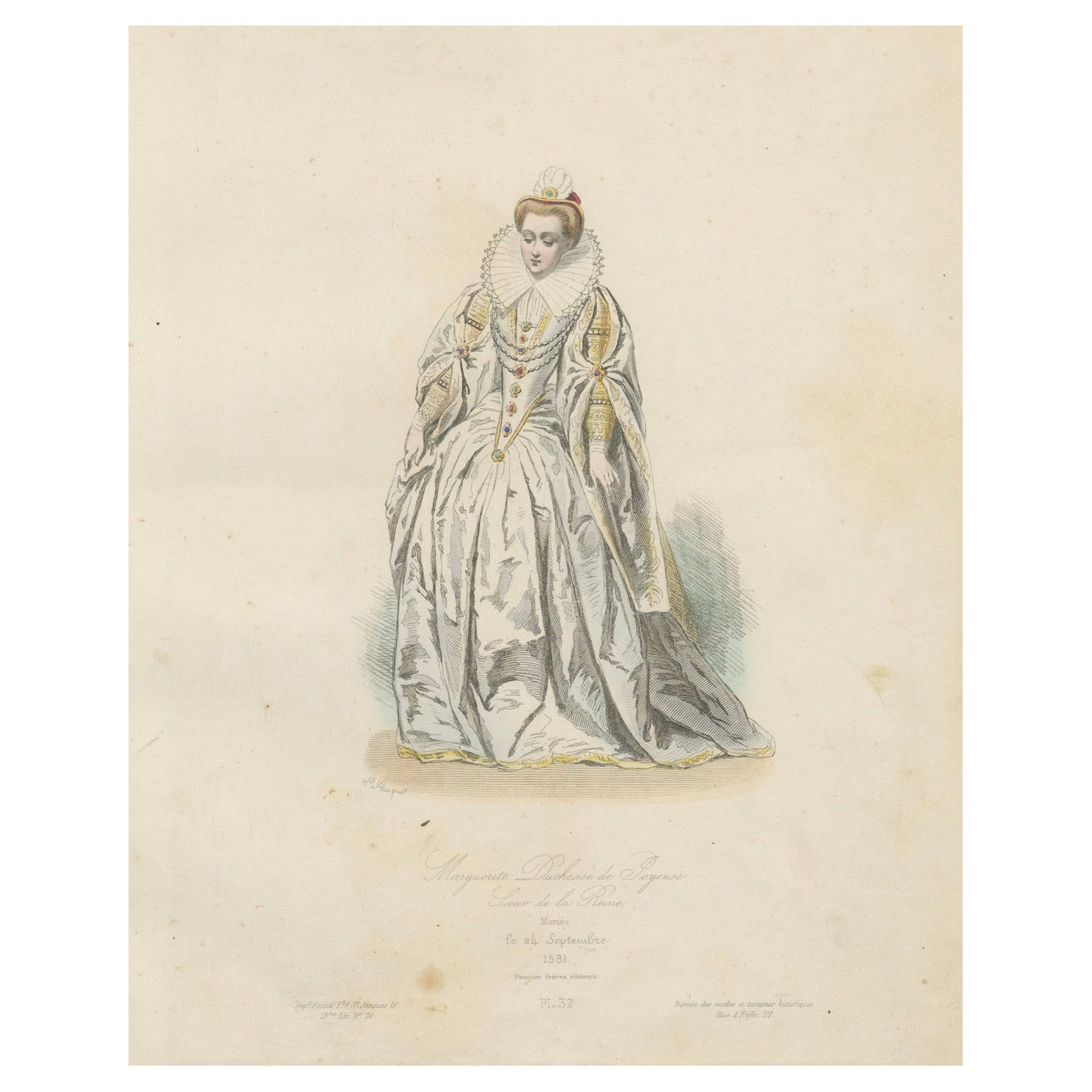 Antique French Costume Print of Marguerite Duchesse de Savoie, Renaissance Dress