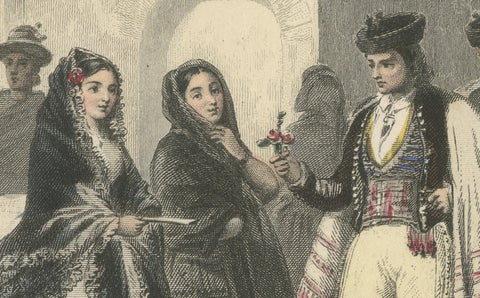 Costumes of Majorca, 19th-Century Hand-Colored Engraving by Ed. Willmann, close-up 3
