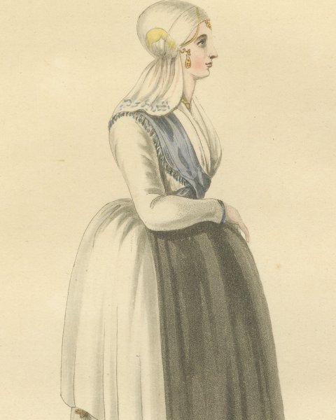 Woman of North Holland, Gold Head Ornament, Antique Ackermann Print, 1817, close-up 1