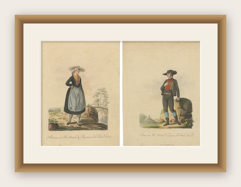 Upper Austria Folk Costume Pair, Antique Hand-Colored Lithographs, Vienna 1825, shown framed