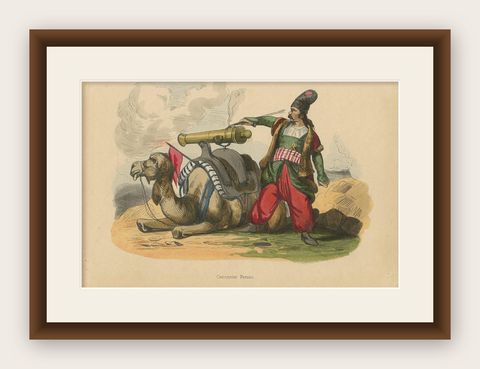 Antique Costume Print of a Persian Gunner by Wahlen, 1843, shown framed