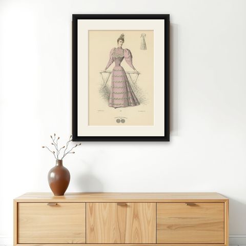 Victorian Splendor: Fashion Lithograph from the 1889 Exposition Universelle, shown framed on a wall