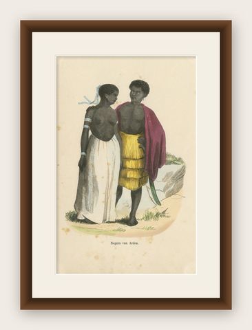 Antique Costume Print of Natives of Ardra by Wahlen, 1843, shown framed
