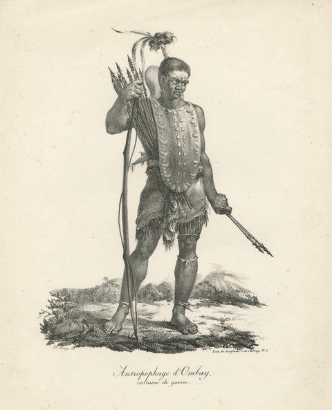 Warrior of Owhyhee (Hawaii) - Anthropophage in War Costume, 1785 Engraving, close-up 5