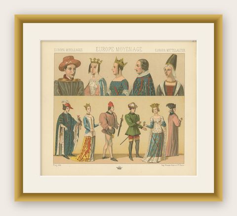 Pl. 20 Antique Print of European Costumes by Racinet, circa 1880, shown framed