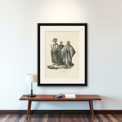 Antique Lithograph of Chinese Figures in Tradional Attire, Brodtmann 1827, shown framed on a wall
