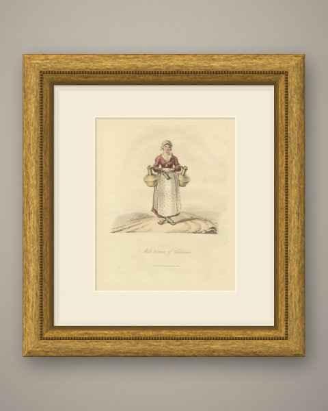 Milk Woman of Valenciennes with Brass Milk Cans, Antique Ackermann Print, 1817, shown framed