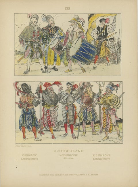 German Renaissance & Landsknecht Costumes 1500s, Set of 6 Antique Prints, 1880, view 7