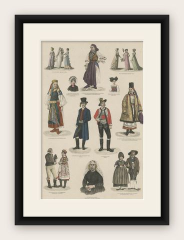 Old Prints of Costumes of Hungary, Tyrol, Sweden, Romania, Holland, Etc., Ca1875, shown framed