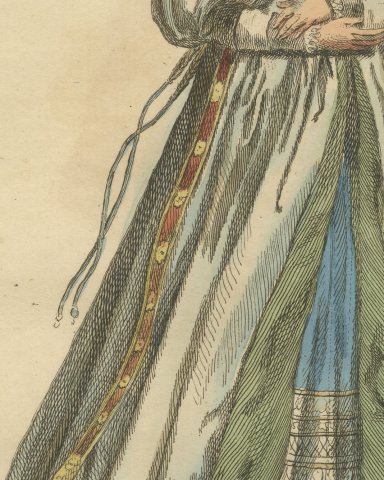 Bridal Habit of a Swiss Lady in 1577, Hand Colored Jefferys Costume Plate, 1757, close-up 2