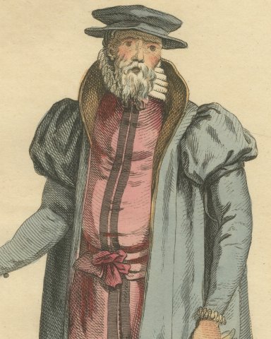 Senator of Cologne in Gray Gown and Flat Hat, Costume of 1577, Jefferys 1757, close-up 1