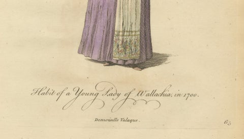 Antique Costume Print of a Young Lady of Wallachia, Engraving Jefferys, 1749, close-up 3