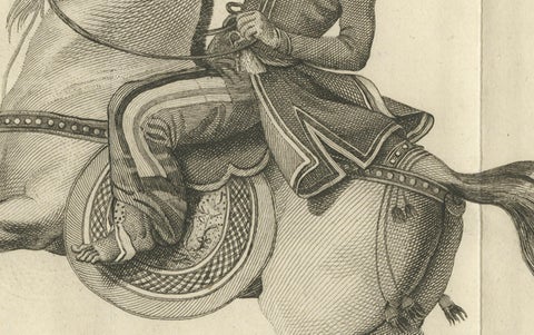 Mounted Warrior of the Kassai Region, Antique Costume Print, circa 1800, close-up 3