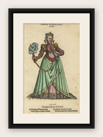 Noblewoman of Naples, Rare Antique Costume Woodcut, Jost Amman, 1577, shown framed