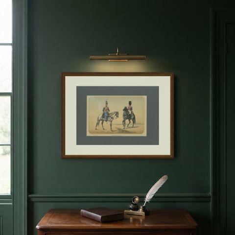 Spanish Cavalry Lithograph by José Villegas: Royal Bodyguards, 1861, shown framed on a wall