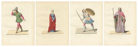 Set of Four Medieval Costume Figures, Hand-Colored Engravings, France 1845, view 2