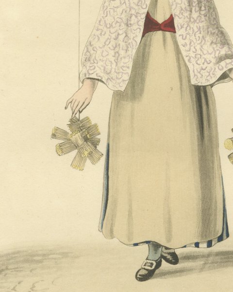 Girl selling Matches in Rotterdam, Street Seller, Antique Print, 1817, close-up 3