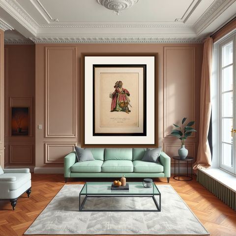 Antique Costume Print, Indian Chief, Exotic Dress & Arms, 1749, shown framed in a room