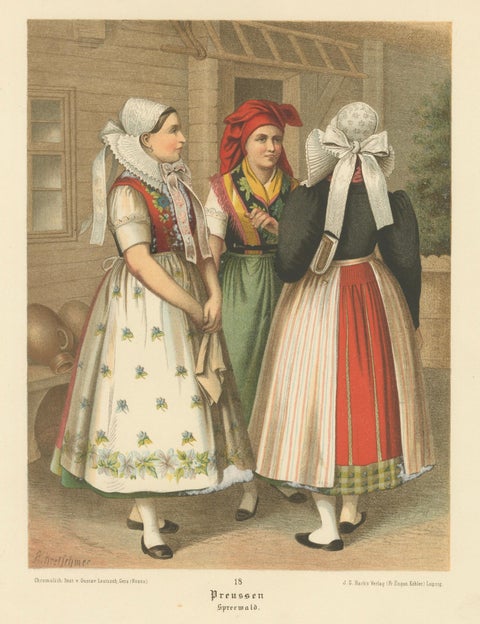 Spreewald Folk Costumes, Prussia, Women in Traditional Dress, c.1875, close-up 1