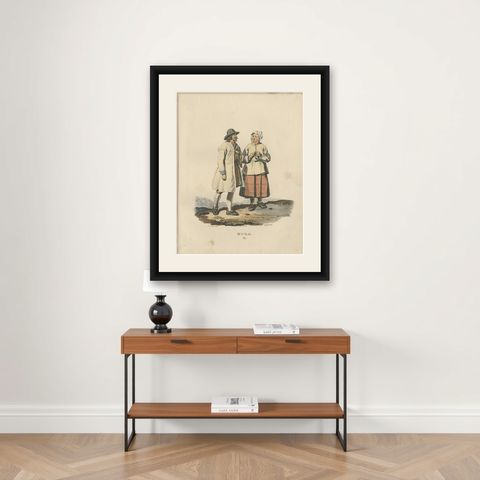 Antique Costume Print of Mora, Dalarna in Sweden, circa 1864, shown framed on a wall