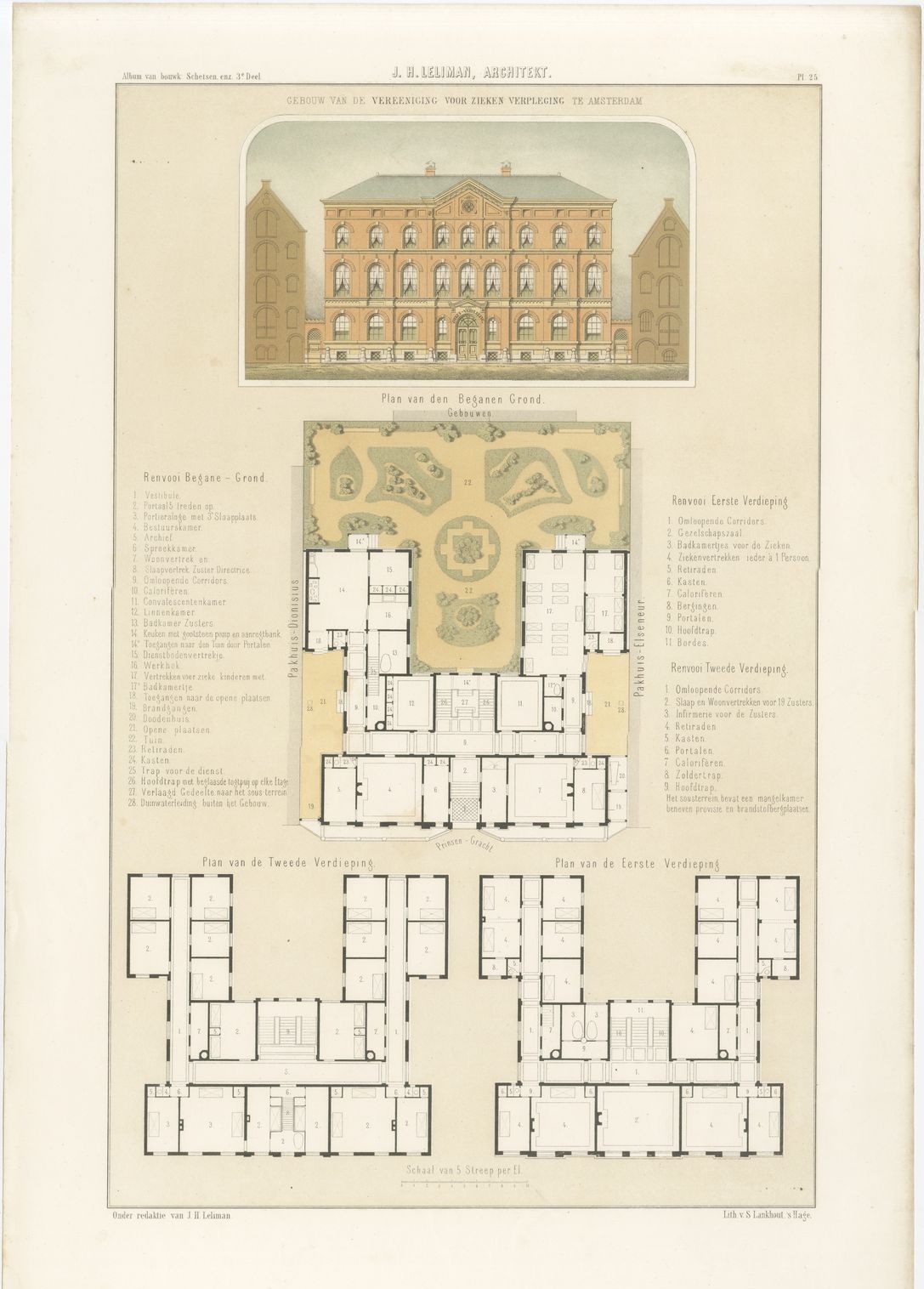 Prinsengracht Hospital, Amsterdam, Dutch Architecture Print, Leliman, 1865-1866
