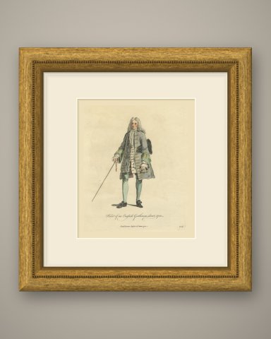 English Gentleman about 1700, Periwig, Cane and Tricorn, Jefferys Print, 1757, shown framed