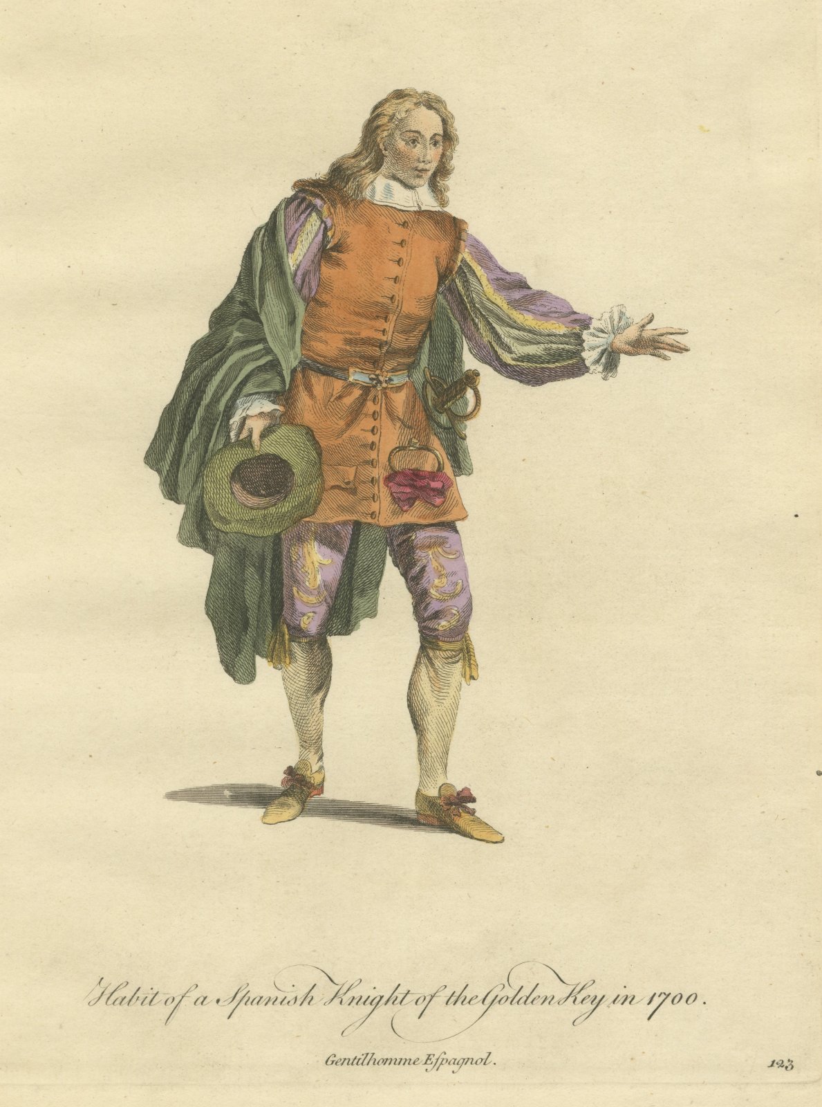Spanish Knight of the Golden Key in 1700, Hand Colored Costume Plate, 1757