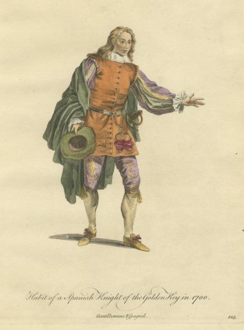 Spanish Knight of the Golden Key in 1700, Hand Colored Costume Plate, 1757
