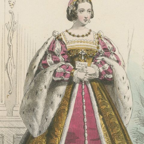 Antique French Costume Print of Eleonore di Austria, Renaissance Fashion, c.1860, close-up 6