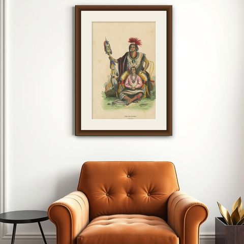Antique Costume Print of a Meskwaki Chief by Wahlen, 1843, shown framed on a wall