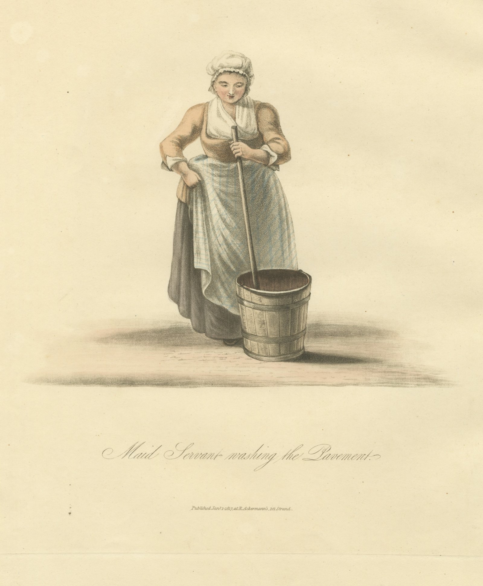 Maid Servant washing the Pavement, Dutch Cleanliness, Antique Print, 1817