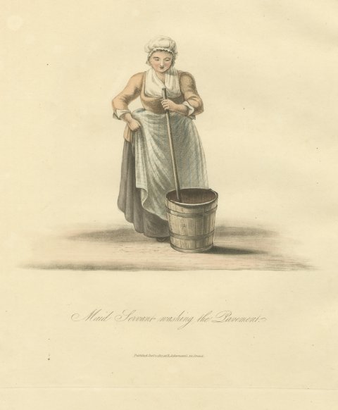 Maid Servant washing the Pavement, Dutch Cleanliness, Antique Print, 1817