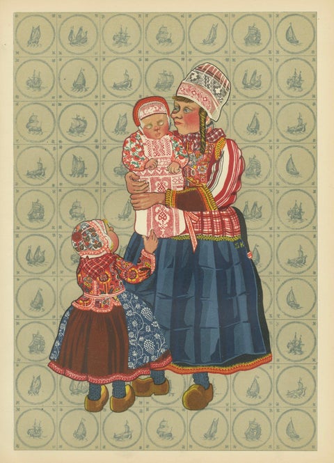 Dutch Women and Infant Traditional Dress from Marken, Old Costume Print, 1932, close-up 4