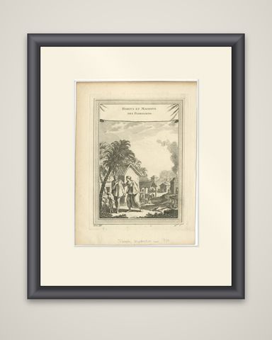 1757 Engraving of Florida Natives, Indigenous Clothing & Village Scene, shown framed