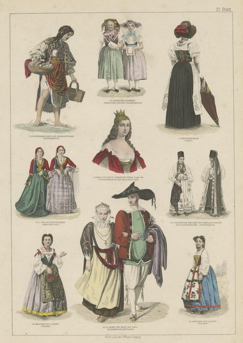 Original Print Showing Costumes of Austria, Tyrol, France, Italy Etc., ca.1875, close-up 1