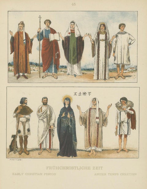 Early Christian Period Costume Plate, Antique Hand-Colored Print c.1880, close-up 1