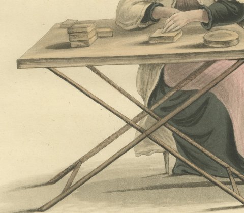 Woman of Valenciennes at her Table, Antique Ackermann Print, 1817, close-up 2