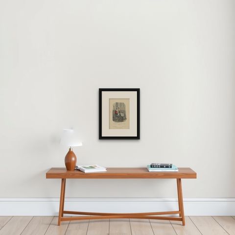 Antique Costume Print of a Lacemaker from Bruges, Flanders in Belgium, c.1880, shown framed on a wall