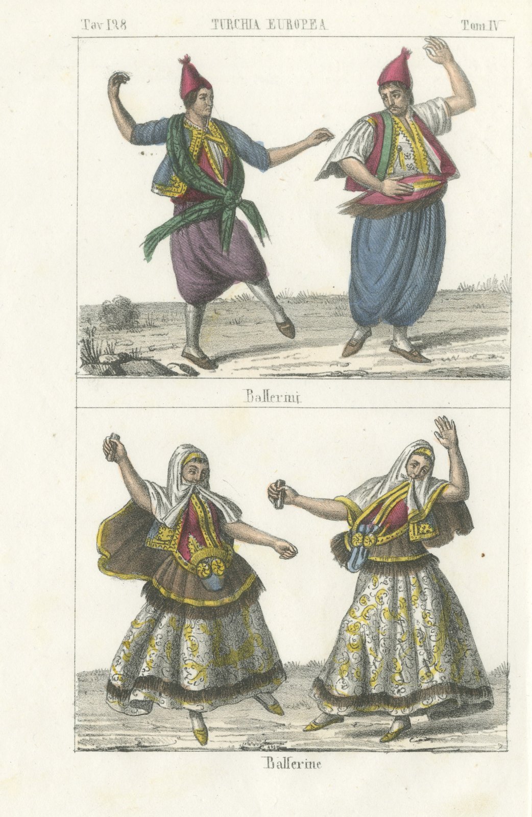 Male and Female Dancers of European Turkey, Hand Colored Lithograph, 1842