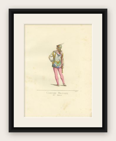 Antique Print of a Military Costume by Bonnard, 1860, shown framed