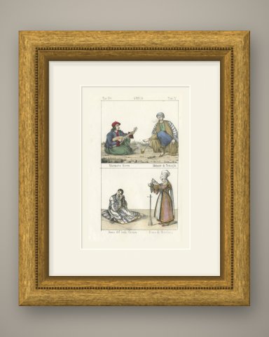 Greek Sailor, a Thessalian and Women of Kasos and Missolonghi, 1842, shown framed