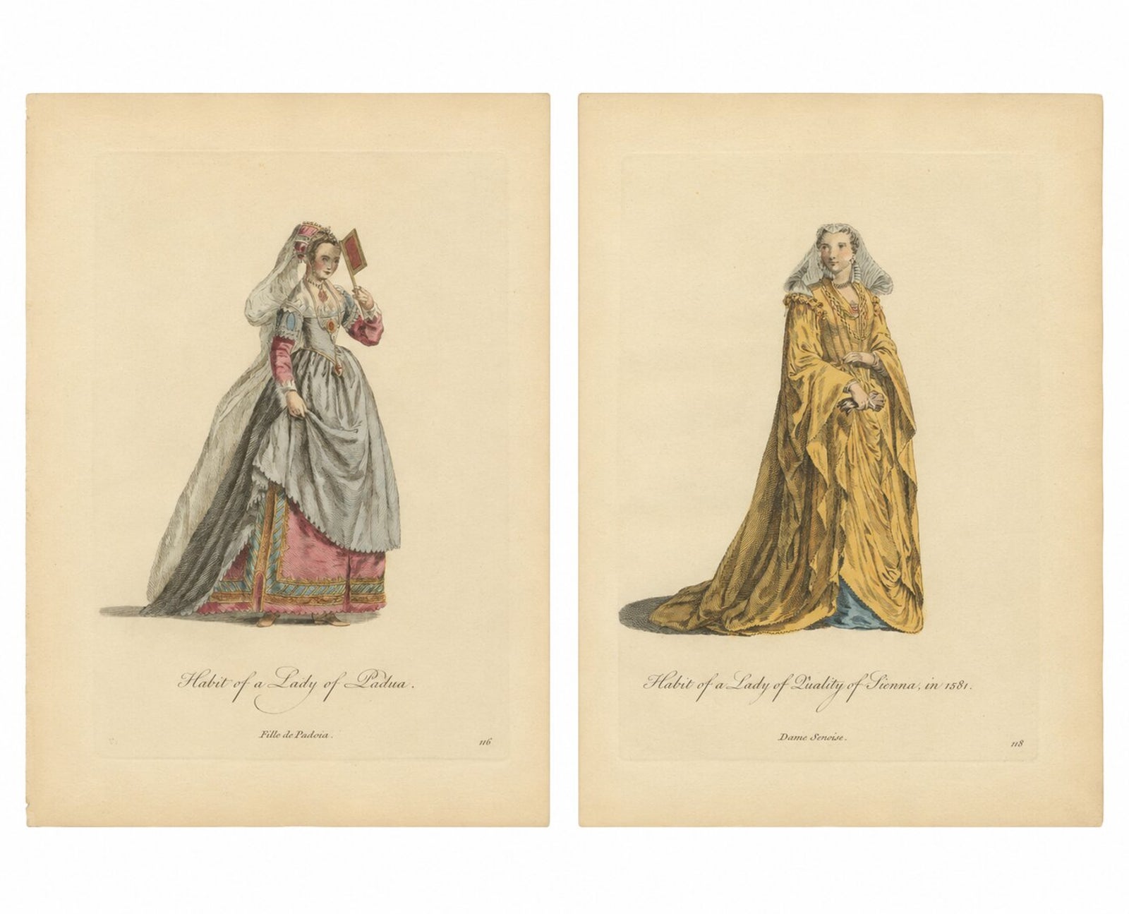 Italian Renaissance Costume Engravings of Padua & Siena, Hand-Colored, 1749