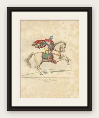 Antique Print of a Military Costume by Bonnard, 1860, shown framed