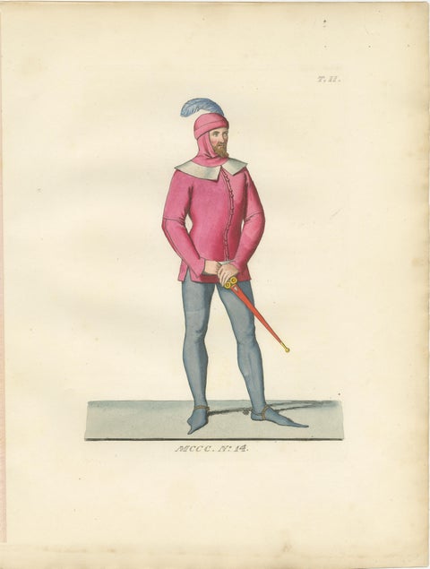 Set of Four Medieval Figures, Hand-Colored Costume Engravings, France 1845, view 6