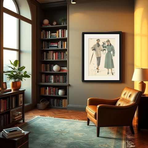 Vintage Fashion Print ‘Pl. 16508’ published in Le Tailleur Moderne, 1954, shown framed in a room