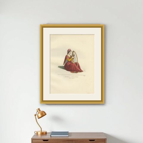 Antique Print of an Italian Noblewoman, 14th Century, by Bonnard, 1860, shown framed on a wall