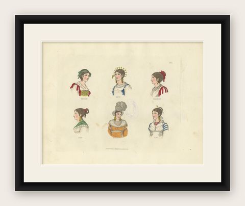 Italian Regional Costumes: Sarzana, Sesto, Rome and Florence, 1823, shown framed